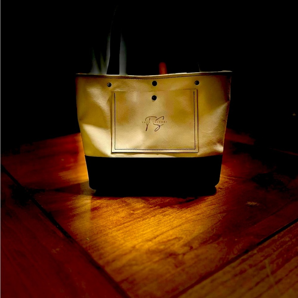 Hand Made Leather Tote by        ToreSalva One Of A Kind Black and Cream
